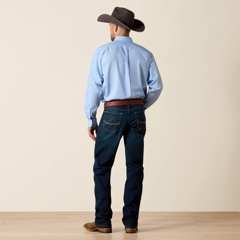 Men's Ariat M5 straight leg jeans in a dark wash. Rear View