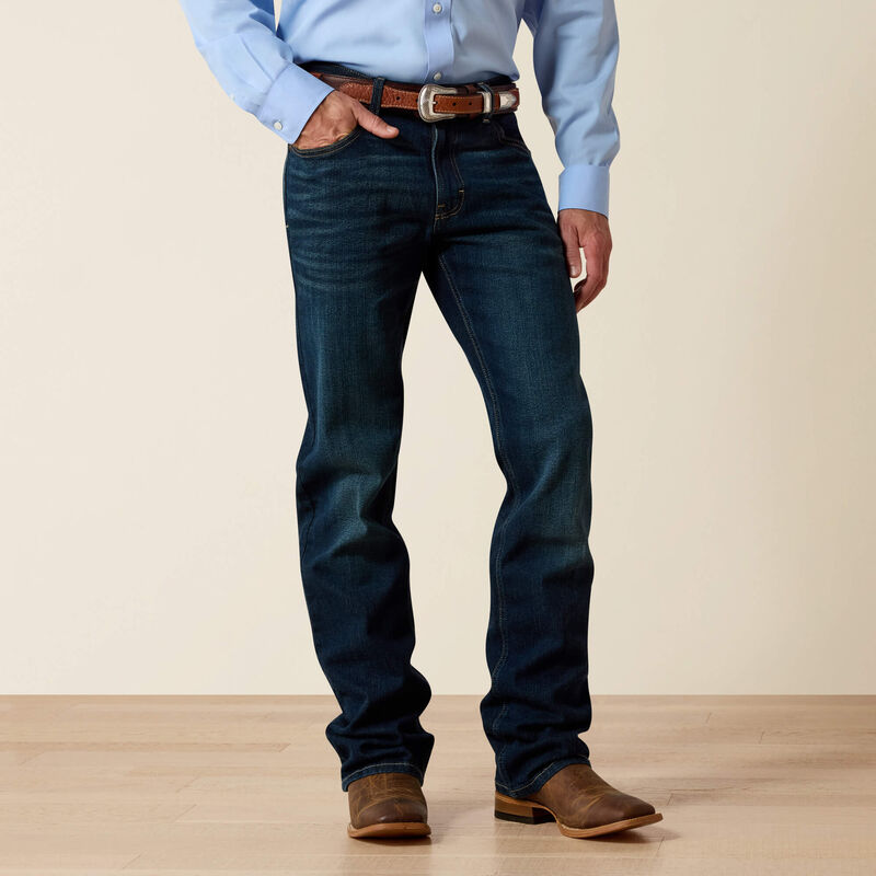 Men's Ariat M5 straight leg jeans in a dark wash. Front view 