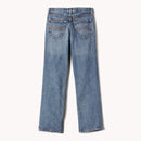 Boy's Ariat M5 slim straight jeans, in a medium wash. Rear view jeans laid flat. 