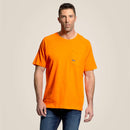 Men's Ariat Rebar work short sleeve shirt in Safety Orange. Front view showing shirt untucked. 