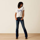 Women's Ariat perfect rise boot cut jeans in a dark wash. Full front view showing jeans on a model. 