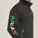 Men's Ariat softshell Team logo jacket in black with a blocked Ariat logo in white, green, and red representing the Mexican Flag. Close up showing blocked Ariat logo on right arm in Red, White, and Green. This view also shows a close up of the zippered hand pocket. 