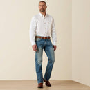 Men's Ariat M7 slim fit straight leg jeans in a light wash. Full front view