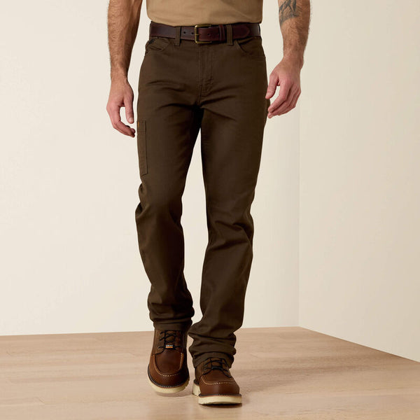 Men's Ariat wren brown Rebar pants with scoop front pockets and a right coin pocket that has an angled Ariat logo fabric strip for reinforcement. Also shows right thigh utility pocket. Front  view.