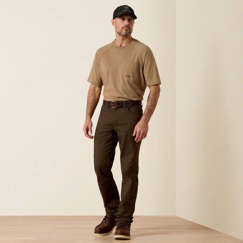 Full front view of men's Ariat Rebar work pant in wren brown.