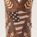 Women's Ariat Circuit Americana Western narrow square toe boots with patriotic embroidery and stud detailing on shaft. Close up of steer embroidery on front of shaft. 