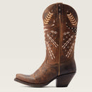Women's Ariat Circuit Americana Western narrow square toe boots with patriotic embroidery and stud detailing on shaft. Side view of boot showing piping detailing. 