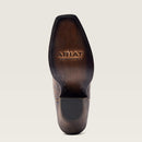 Women's Ariat Circuit Americana Western narrow square toe boots with patriotic embroidery and stud detailing on shaft. Bottom view showing leather outsole. 