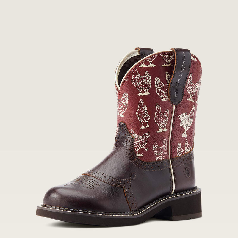 Women's Ariat Fatbaby round toe crepe sole boots in Chocolate Chip vamp and a Red shaft with Hens. Single boot view showing side detail stitching on pull straps. 