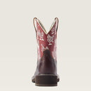 Women's Ariat Fatbaby round toe crepe sole boots in Chocolate Chip vamp and a Red shaft with Hens. Rear view 