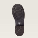 Women's Ariat Fatbaby round toe crepe sole boots in Chocolate Chip vamp and a Red shaft with Hens. Bottom view showing outsole. 