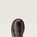 Women's Ariat Fatbaby round toe crepe sole boots in Chocolate Chip vamp and a Red shaft with Hens. Close up view of the toe.