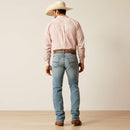 Men's Ariat M7 straight jean in a light wash. Full rear view 