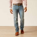 Men's Ariat M7 straight jean in a light wash. Front view