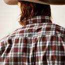 Men's Ariat long sleeve Brown and Blue Plaid Pro Series shirt. Rear view showing blocked Ariat logo on yoke. 