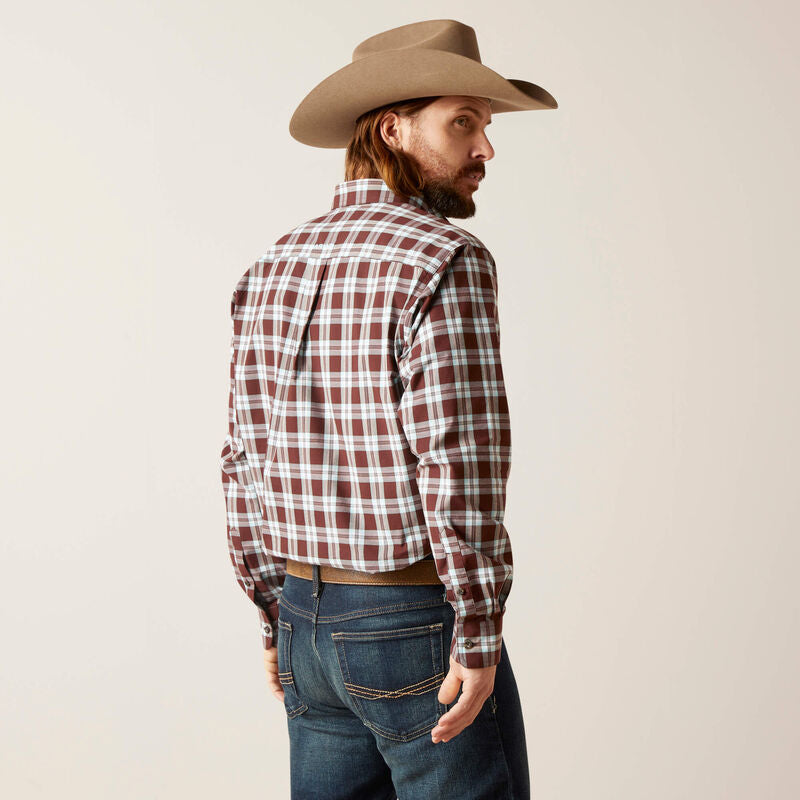Men's Ariat long sleeve Brown and Blue Plaid Pro Series shirt. Rear view showing shirt tucked in. 