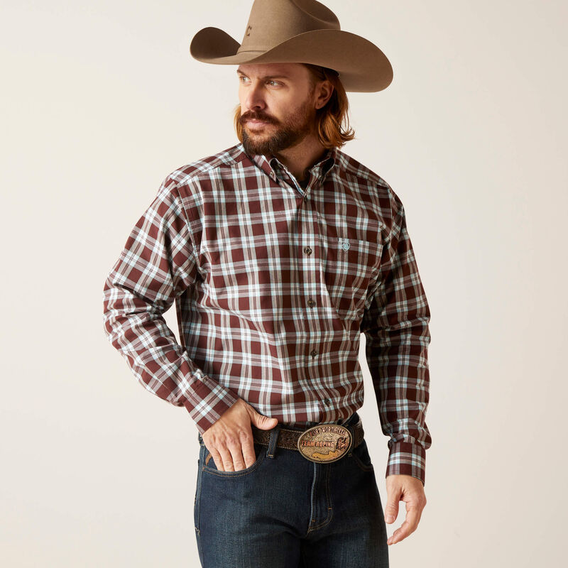 Men's Ariat long sleeve Brown and Blue Plaid Pro Series shirt. Front view showing shirt tucked in. 