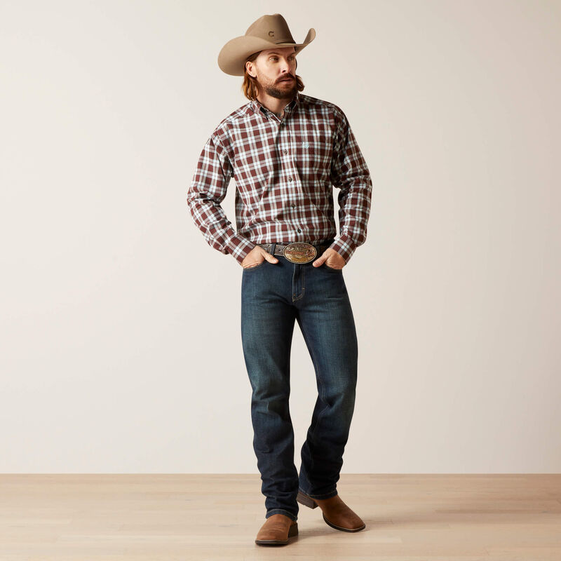 Men's Ariat long sleeve Brown and Blue Plaid Pro Series shirt. Full front view showing shirt tucked in. 
