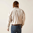 Men's Ariat long sleeve button down shirt in Bandshell, a tan color with a print of steer skulls. Rear view showing blocked Ariat logo on yoke. 