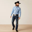 Men's Ariat Light Blue long sleeve shirt with a western print of steer head and geometric shapes. Full front view