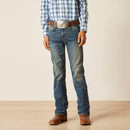 Boy's Ariat relaxed fit boot cut jeans in a medium wash. Front view