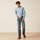 Boy's Ariat relaxed fit boot cut jeans in a medium wash. Full front view