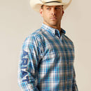 Men's Ariat long sleeve Pro Series Team logo shirt in White/Blue Plaid. Side view showing bold Ariat logo on right sleeve. 