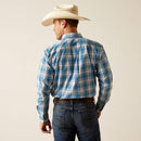 Men's Ariat long sleeve Pro Series Team logo shirt in White/Blue Plaid. Rear view showing shirt tucked in and bold Ariat logo on yoke. 