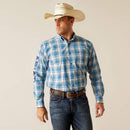 Men's Ariat long sleeve Pro Series Team logo shirt in White/Blue Plaid. Front view showing shirt tucked in. 
