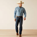 Men's Ariat long sleeve Pro Series Team logo shirt in White/Blue Plaid. Full front view showing shirt tucked in. 