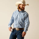 Men's Ariat long sleeve shirt in Blue Plaid. Front view showing shirt tucked in. 