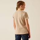 Girl's Ariat short sleeve t-shirt with a desert graphic print.  Rear view showing shirt untucked. 