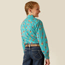 Girl's Ariat long sleeve western style shirt in a dotted Green with a floral print. Rear view showing shirt tucked in and  western yoke. 