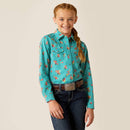 Girl's Ariat long sleeve western style shirt in a dotted Green with a floral print. Front view showing shirt tucked in.