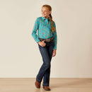 Girl's Ariat long sleeve western style shirt in a dotted Green with a floral print. Full front view showing shirt tucked in. 