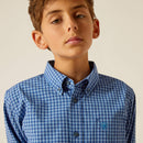 Boy's Ariat long sleeve Pro Series shirt in Blue Plaid. Close up of button down collar and Ariat shield logo stitched on left chest. 