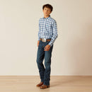 Boy's Ariat long sleeve Pro Series shirt in Blue Plaid. Side view showing shirt tucked in. 
