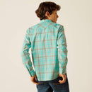 Boy's Ariat long sleeve retro snap shirt in Blue Turquoise. Rear view showing shirt untucked. 