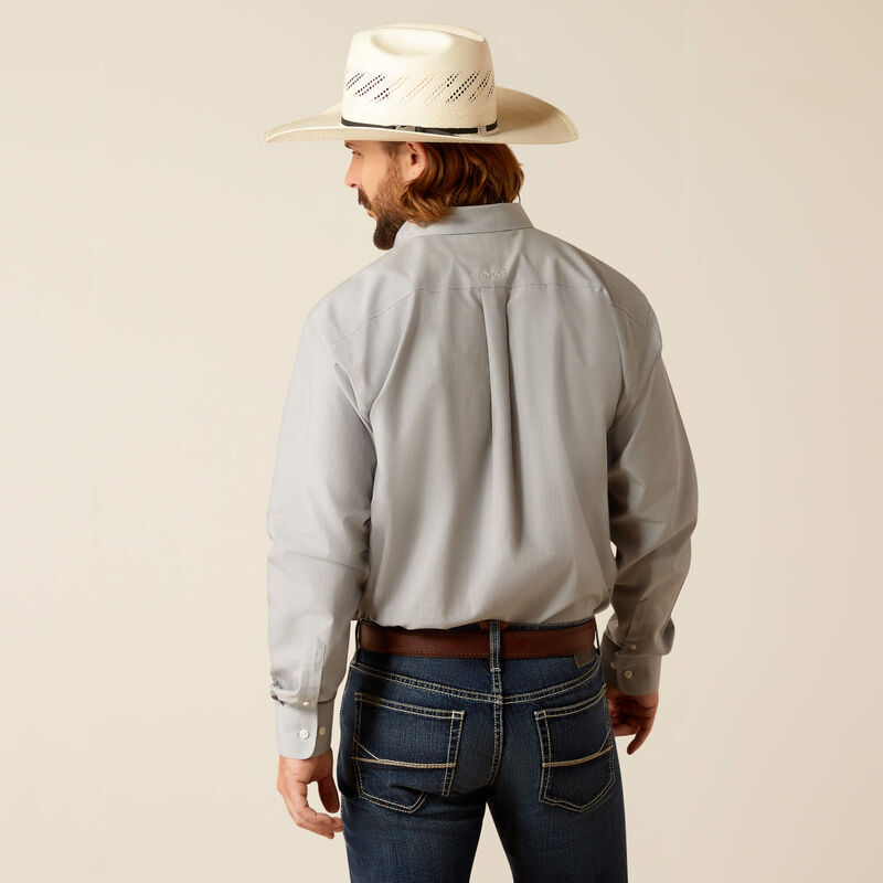 Men's Ariat long sleeve shirt in Harbor Mist. This shirt features a contrast collar band and cuff. Rear view showing shirt tucked in.