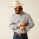Men's Ariat long sleeve shirt in Harbor Mist. This shirt features a contrast collar band and cuff. Front view showing shirt tucked in. 