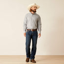 Men's Ariat long sleeve shirt in Harbor Mist. This shirt features a contrast collar band and cuff. Full front view showing shirt tucked in. 