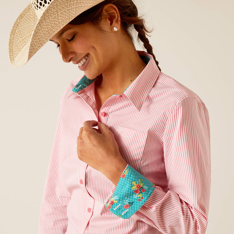 Women's Ariat 10048884  Kirby Stretch Long Sleeve Shirt In Camellia Rose Stripe CLOSEOUT