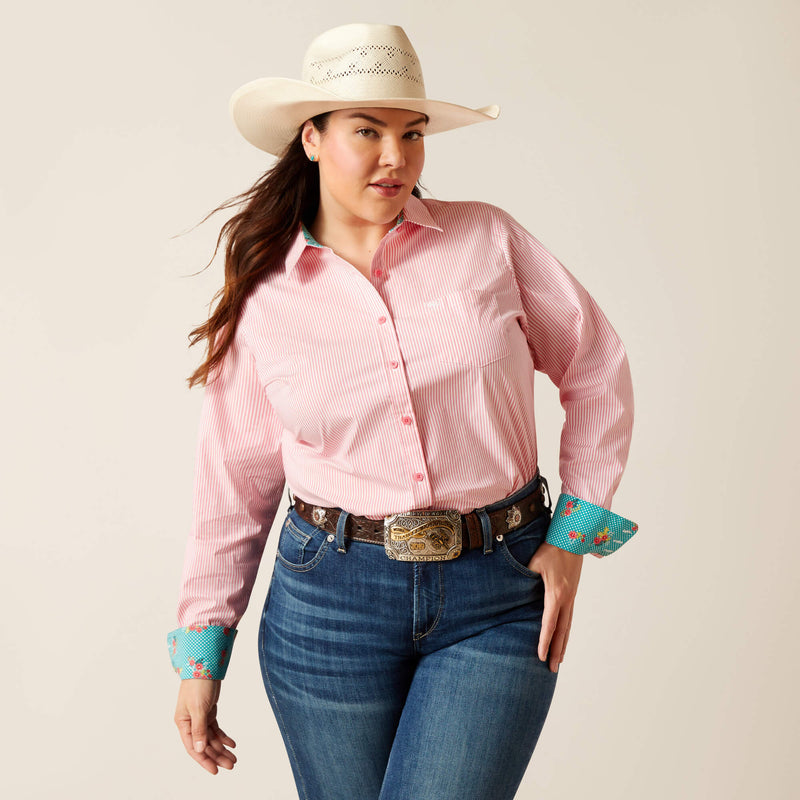 Women's Ariat 10048884  Kirby Stretch Long Sleeve Shirt In Camellia Rose Stripe CLOSEOUT