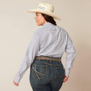Women's Ariat long sleeve wrinkle resistant stretch shirt in True Blue. This Western style shirt is a blue and white pinstripe. Rear view showing shirt tucked in and blocked Ariat logo across yoke. 
