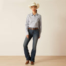 Women's Ariat long sleeve wrinkle resistant stretch shirt in True Blue. This Western style shirt is a blue and white pinstripe. Full front view showing shirt tucked in.
