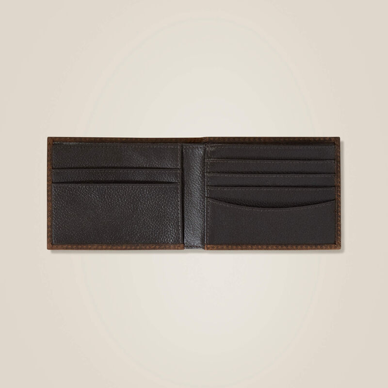 This Ariat genuine bull hide leather wallet is minimal and lightweight. Multiple slots neatly organize your cards, cash, and ID. Inside view.
