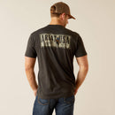Men's Ariat short sleeve graphic tee in Charcoal Heather. Rear view showing back graphic featuring a cowboy riding a horse and Ariat USA in bold lettering. 