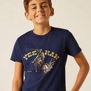 Boy's Ariat short sleeve t-shirt in Dark Navy with a "Yee Haw" Graphic print on front showing a cowboy roping a jackalope. Close up view of front graphic print. 
