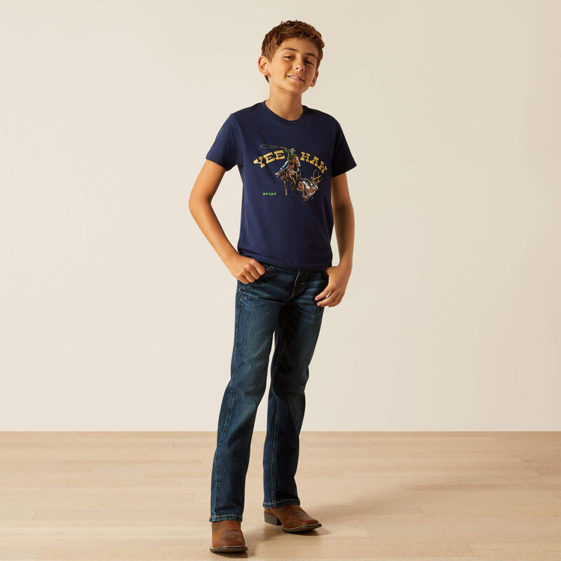 Boy's Ariat short sleeve t-shirt in Dark Navy with a "Yee Haw" Graphic print on front showing a cowboy roping a jackalope. Full front view showing shirt untucked. 