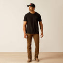 Men's Ariat short sleeve graphic print tee in Black. Full front view showing shirt worn untucked. 